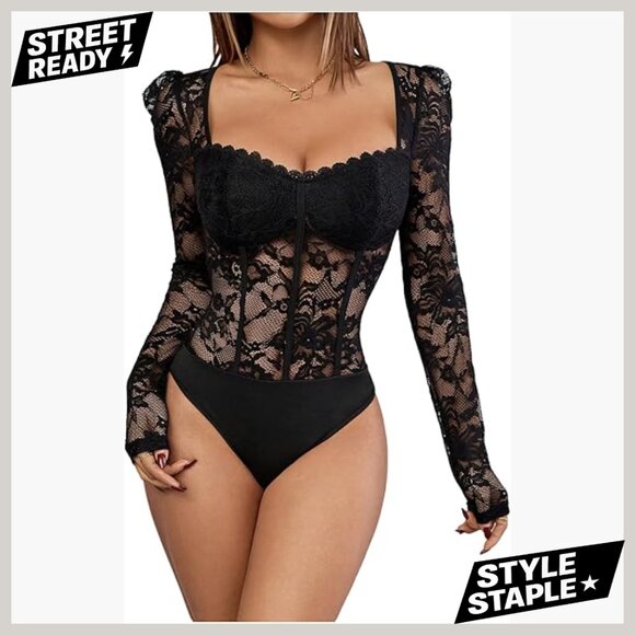 Large Floral Lace Long Sleeve V Neck Corset Bodysuit Slim Fit Tops